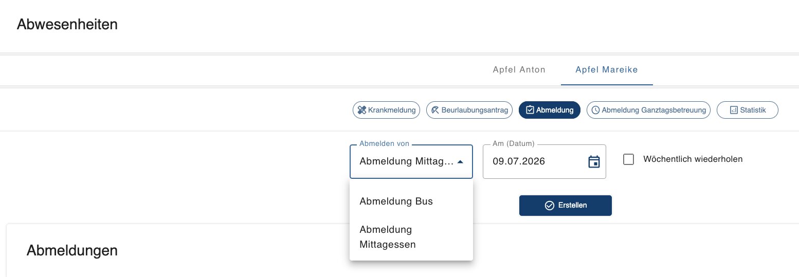 Screenshot: Kind vom Mittagessen oder Bus abmelden
